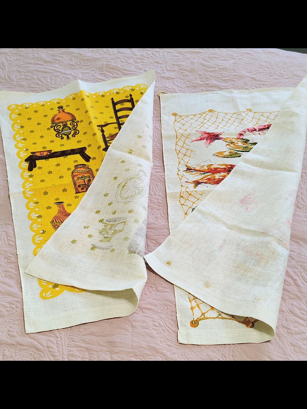 Set Of 2 Fish Market & Farm House 100% Linen Tea Dish Towels Vintage MCM Poland